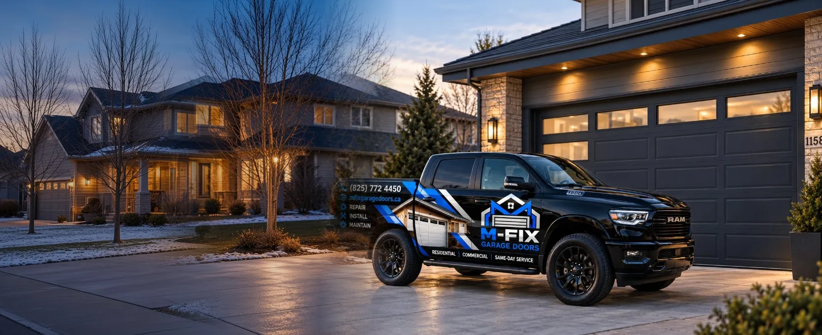 M-FIX Garage Doors service truck parked in front of a large residential garage door at dusk