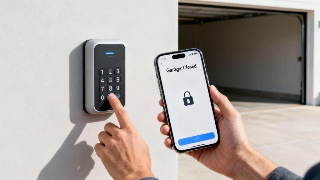 Garage keypad and phone app used to open, close, and monitor a garage door