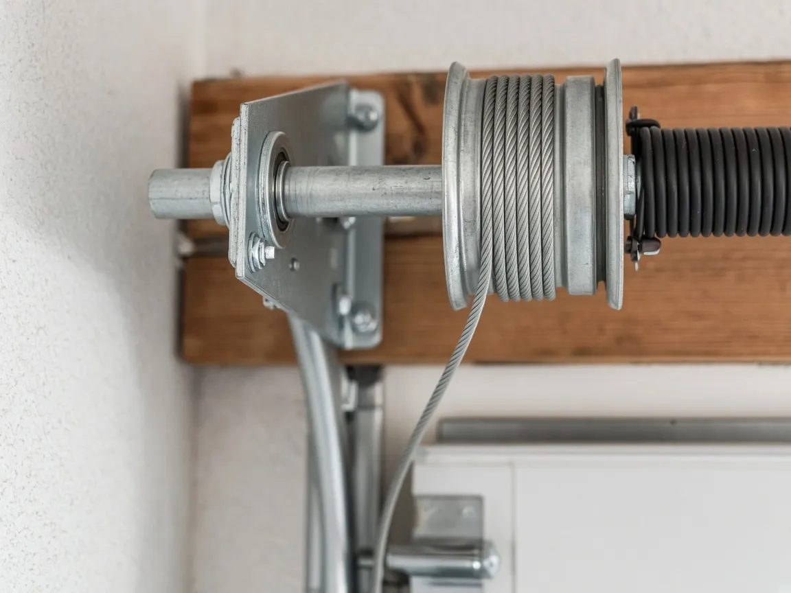 Garage door lift cable wound on a cable drum beside the torsion spring above a residential garage door