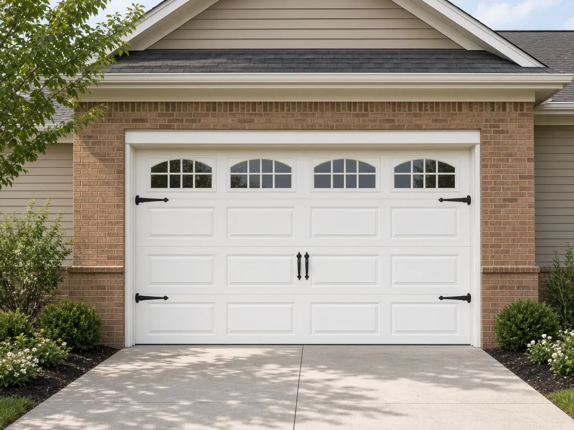 White carriage-house style garage door with arched windows and decorative hardware