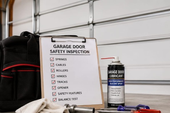 Garage door safety inspection checklist with tools and lubricant