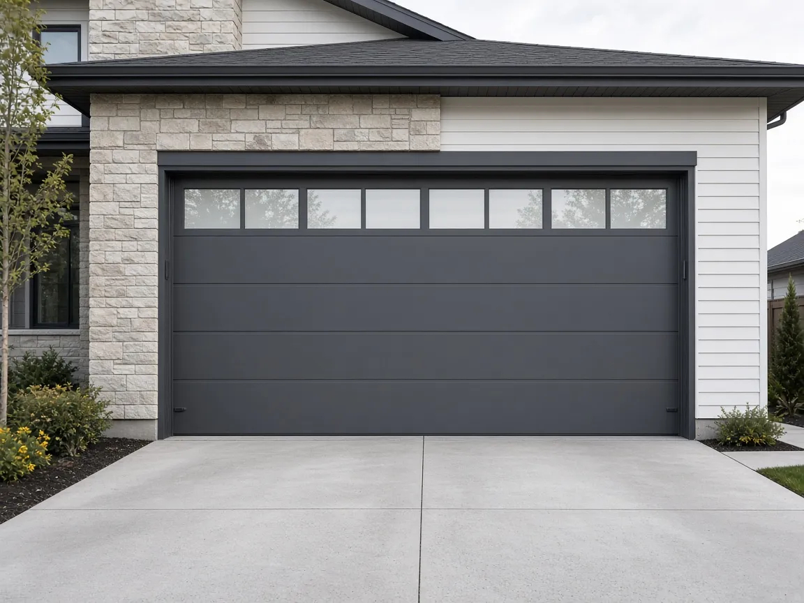 New charcoal insulated garage door with a row of windows on a modern Edmonton home