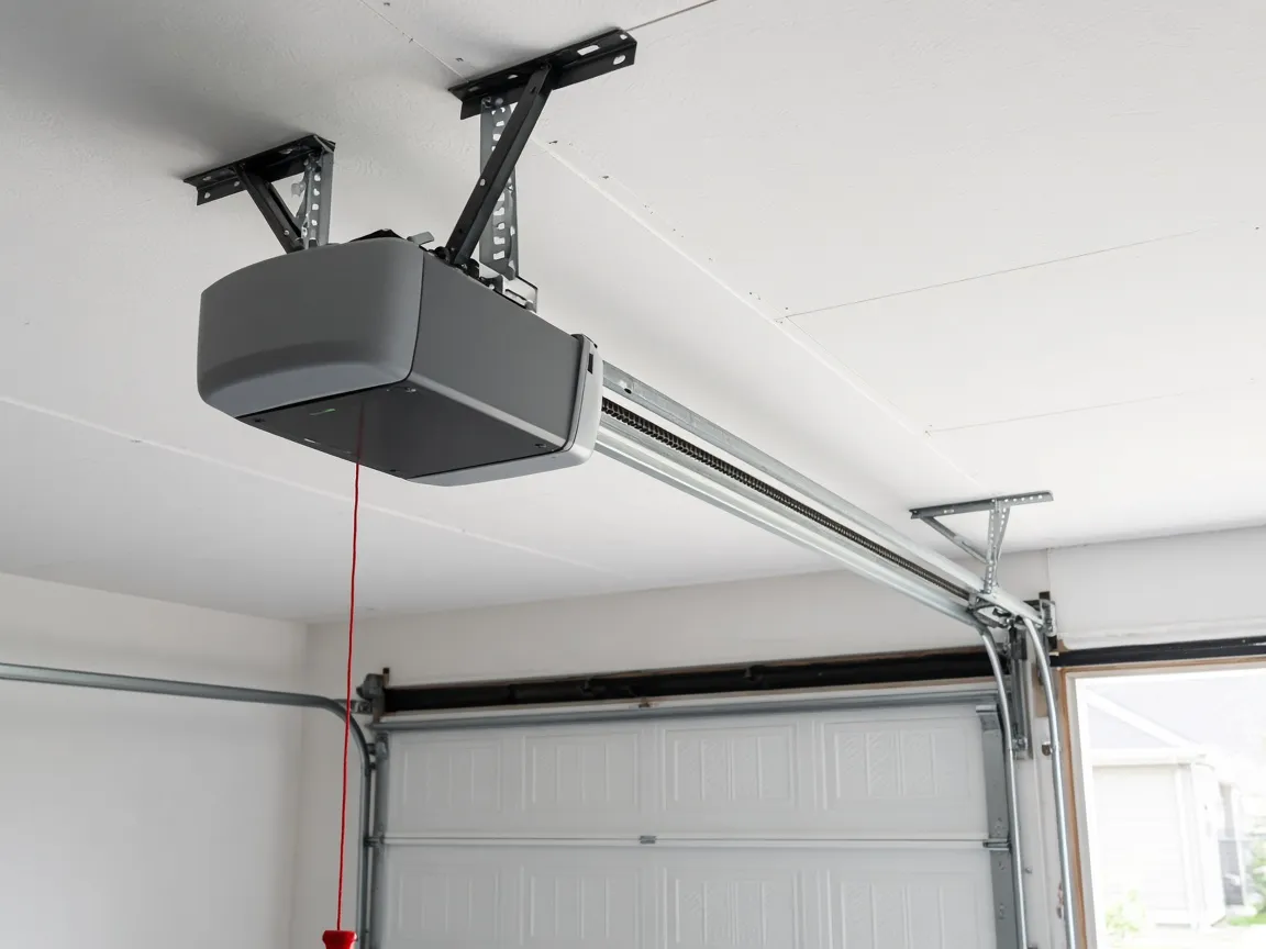 Ceiling-mounted garage door opener with its rail and emergency release cord in an Edmonton garage