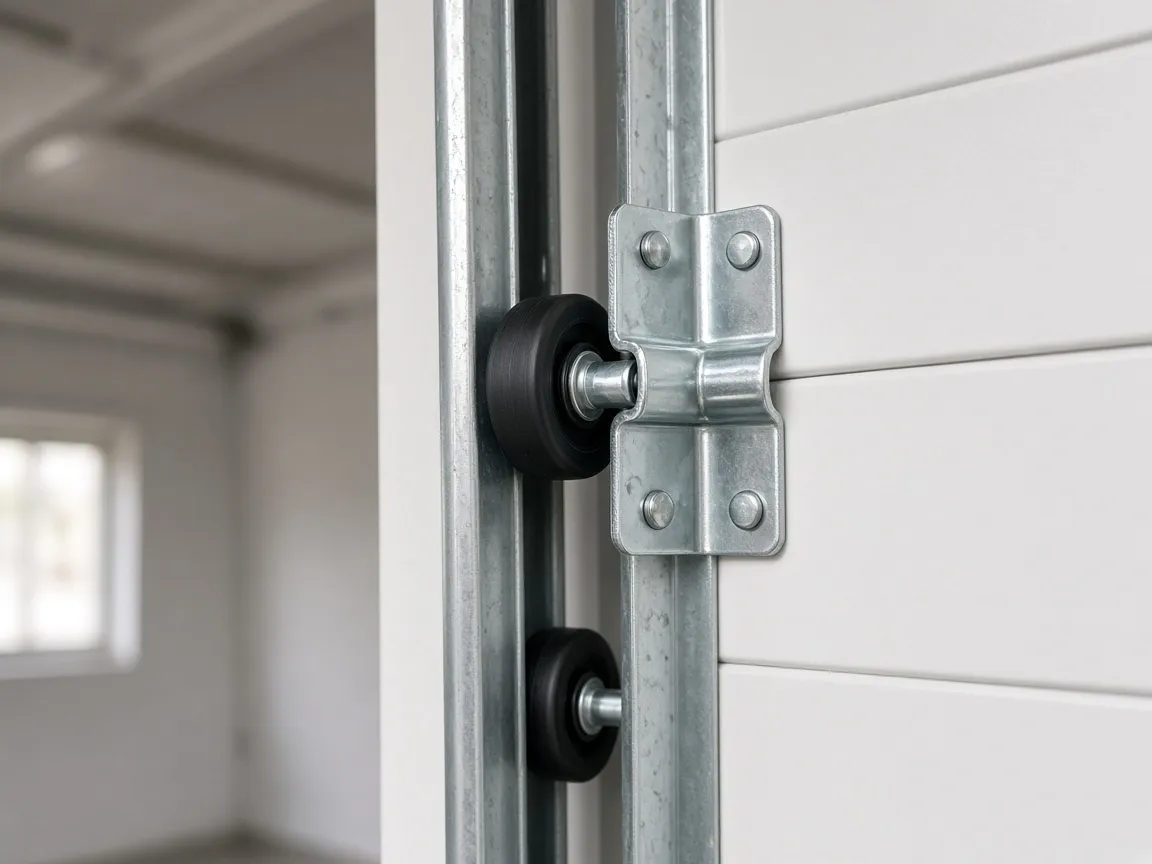 Garage door rollers running inside the vertical steel track on a white sectional door